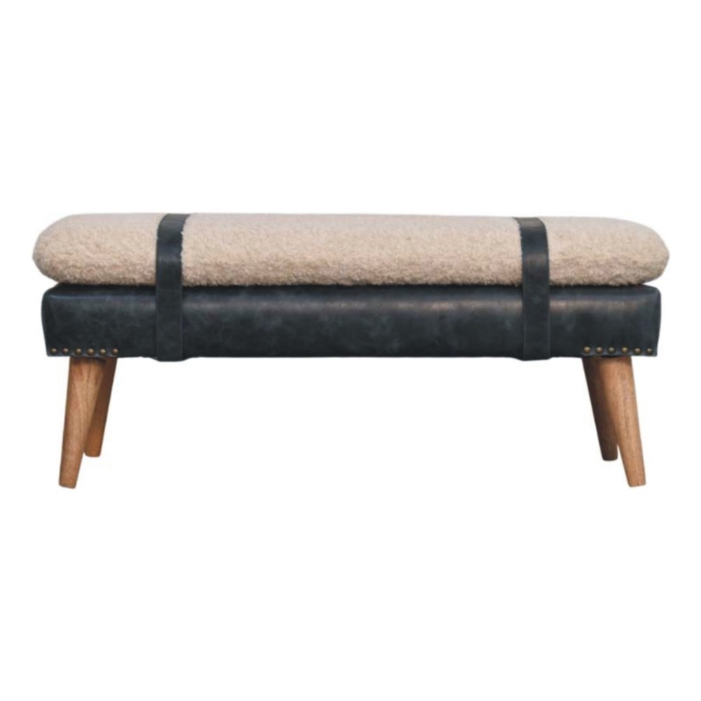 35" Beige Olive Green And Brown Boucle Genuine Leather And Solid Wood Upholstered Bench