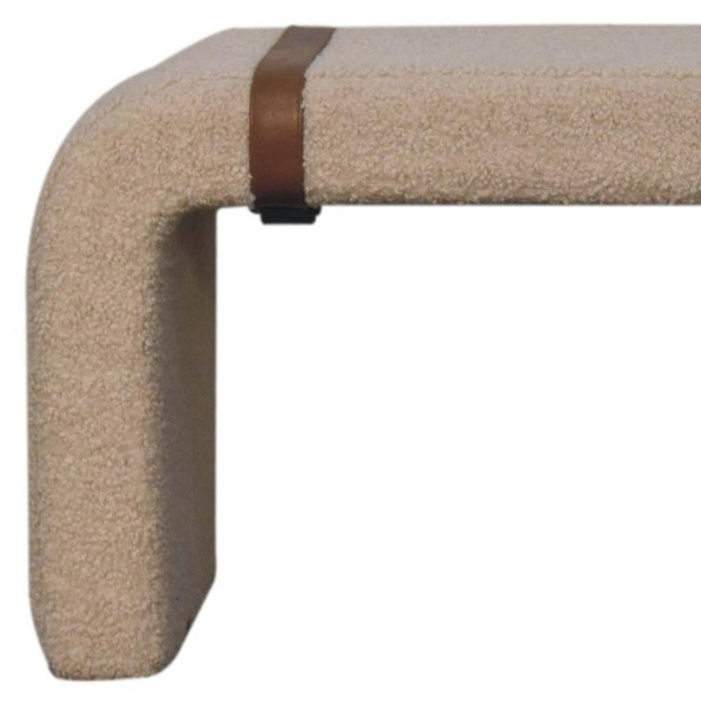 35" Beige and Brown Boucle and Leather Upholstered Bench
