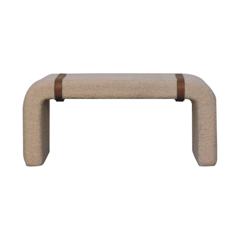 35" Beige and Brown Boucle and Leather Upholstered Bench