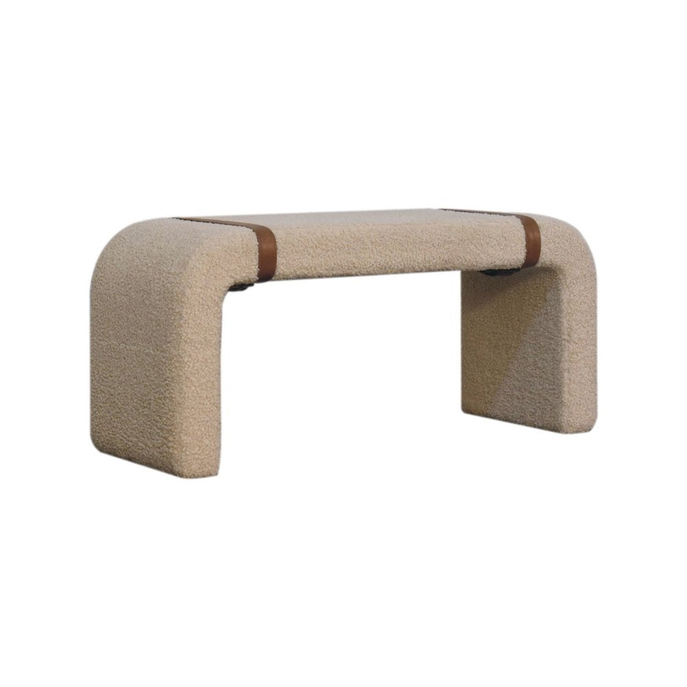 35" Beige and Brown Boucle and Leather Upholstered Bench