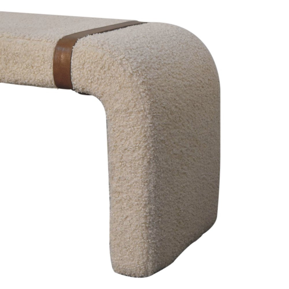 35" Beige and Brown Boucle and Leather Upholstered Bench