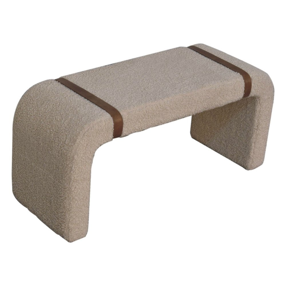 35" Beige and Brown Boucle and Leather Upholstered Bench