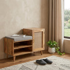 41" Beige and Oak Boucle and Solid Wood Upholstered Storage Bench With Cabinet And Shelves