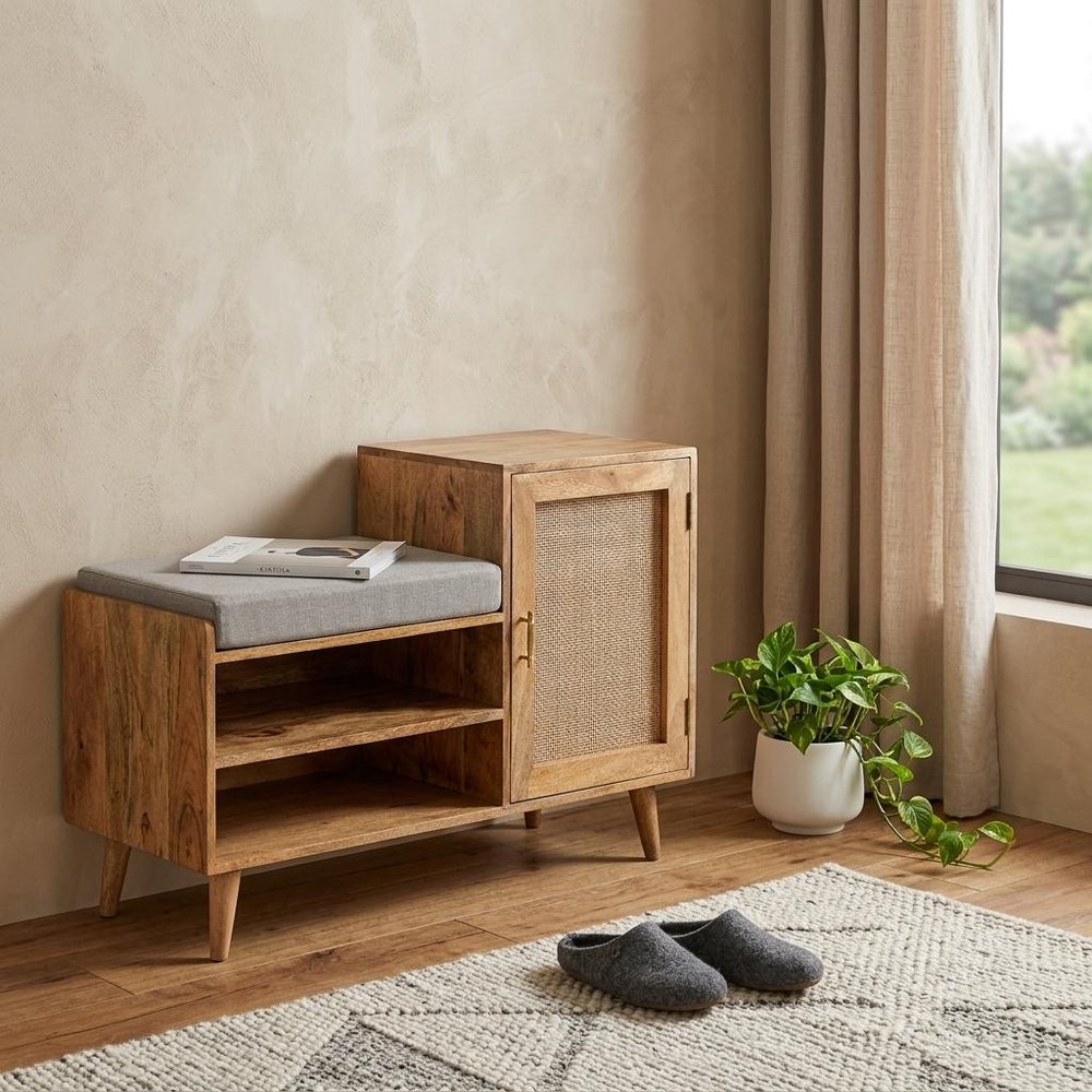 41" Beige and Oak Boucle and Solid Wood Upholstered Storage Bench With Cabinet And Shelves