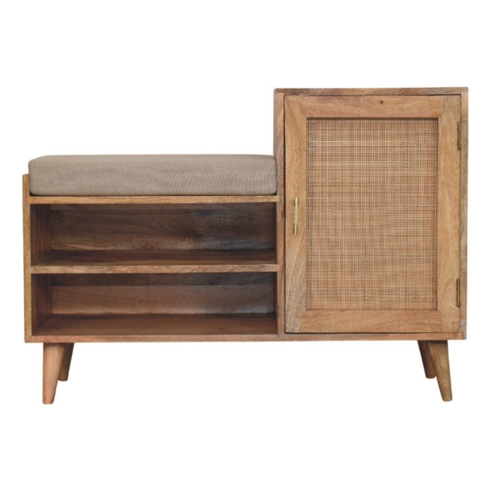41" Beige and Oak Boucle and Solid Wood Upholstered Storage Bench With Cabinet And Shelves