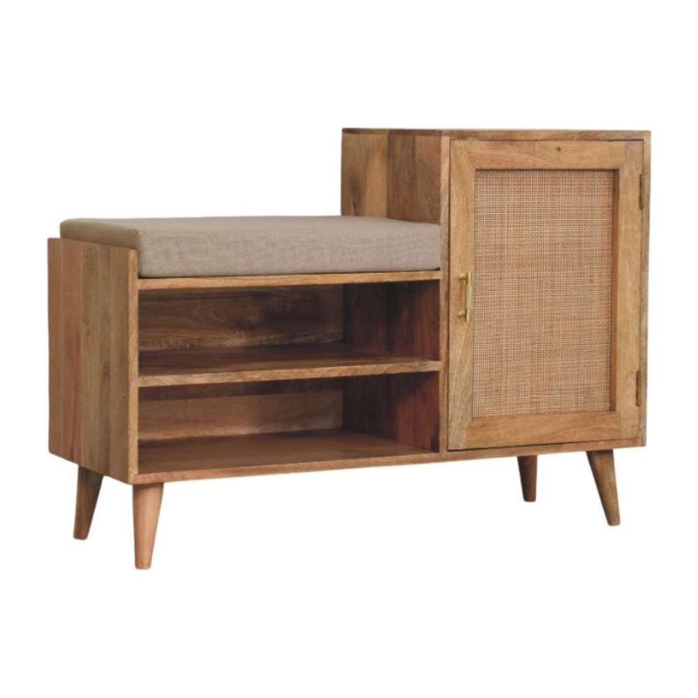 41" Beige and Oak Boucle and Solid Wood Upholstered Storage Bench With Cabinet And Shelves