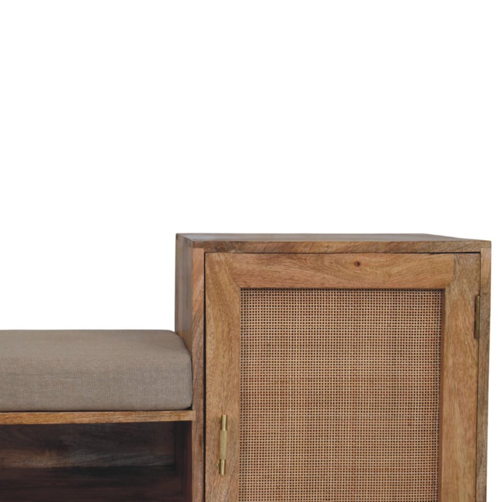 41" Beige and Oak Boucle and Solid Wood Upholstered Storage Bench With Cabinet And Shelves