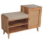 41" Beige and Oak Boucle and Solid Wood Upholstered Storage Bench With Cabinet And Shelves