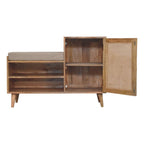 41" Beige and Oak Boucle and Solid Wood Upholstered Storage Bench With Cabinet And Shelves
