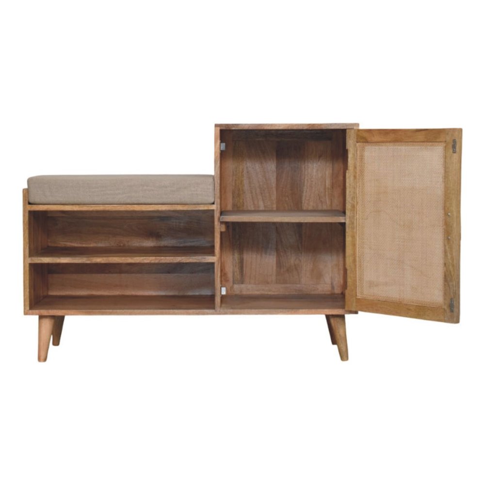 41" Beige and Oak Boucle and Solid Wood Upholstered Storage Bench With Cabinet And Shelves