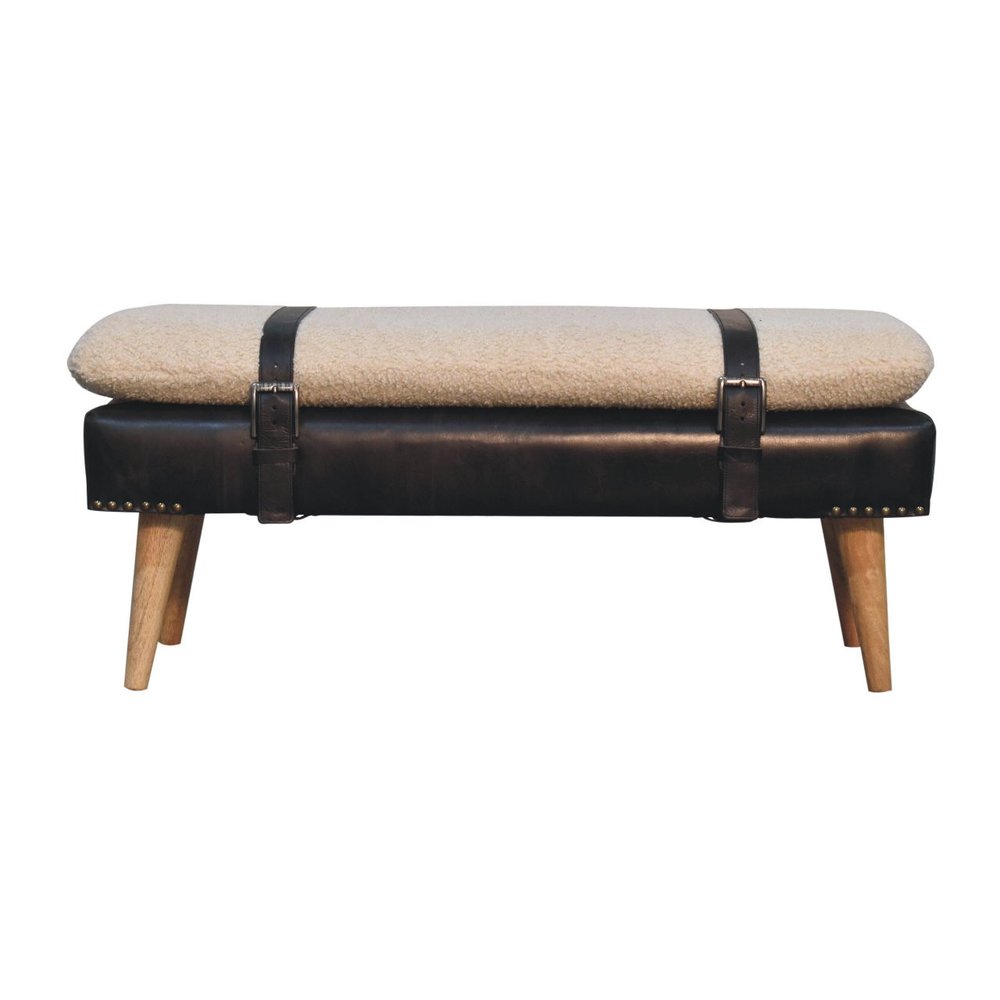 35" Beige Olive Green And Brown Boucle Genuine Leather And Solid Wood Upholstered Bench
