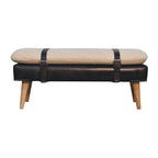 35" Beige Olive Green And Brown Boucle Genuine Leather And Solid Wood Upholstered Bench