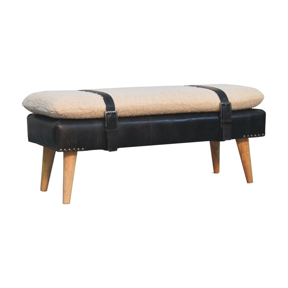 35" Beige Olive Green And Brown Boucle Genuine Leather And Solid Wood Upholstered Bench