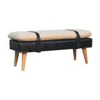 35" Beige Olive Green And Brown Boucle Genuine Leather And Solid Wood Upholstered Bench