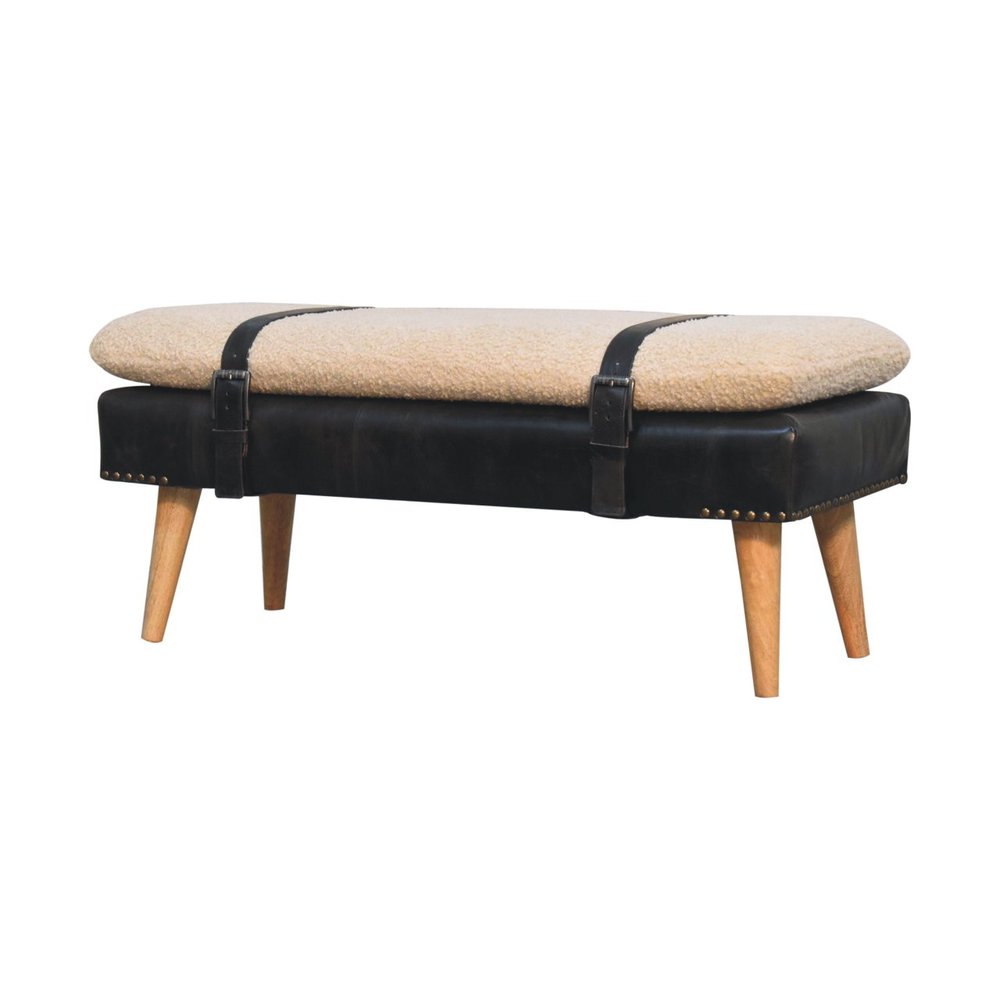 35" Beige Olive Green And Brown Boucle Genuine Leather And Solid Wood Upholstered Bench