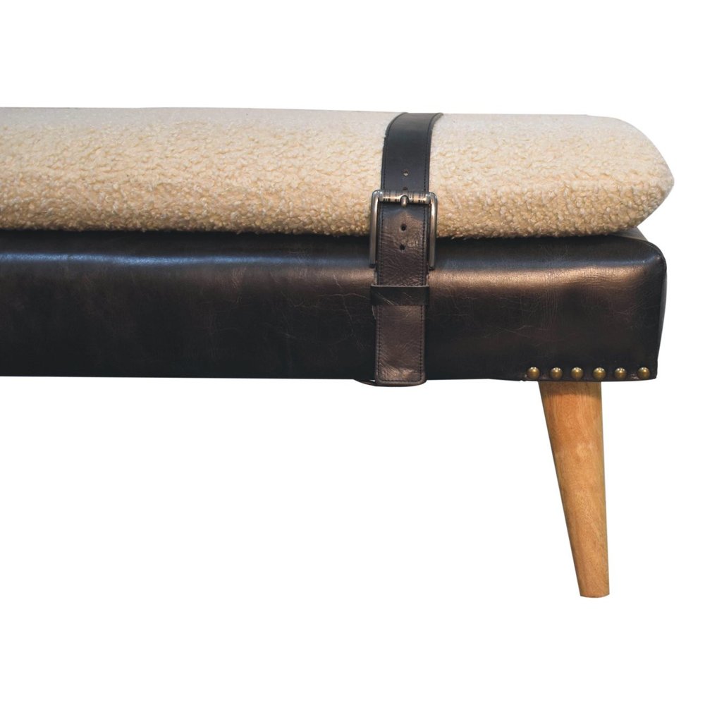 35" Beige Olive Green And Brown Boucle Genuine Leather And Solid Wood Upholstered Bench