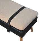 35" Beige Olive Green And Brown Boucle Genuine Leather And Solid Wood Upholstered Bench