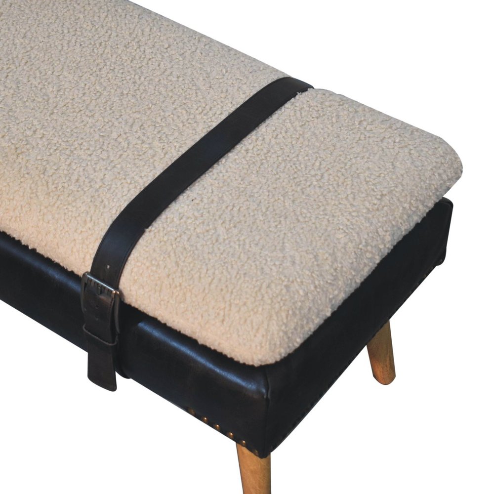 35" Beige Olive Green And Brown Boucle Genuine Leather And Solid Wood Upholstered Bench
