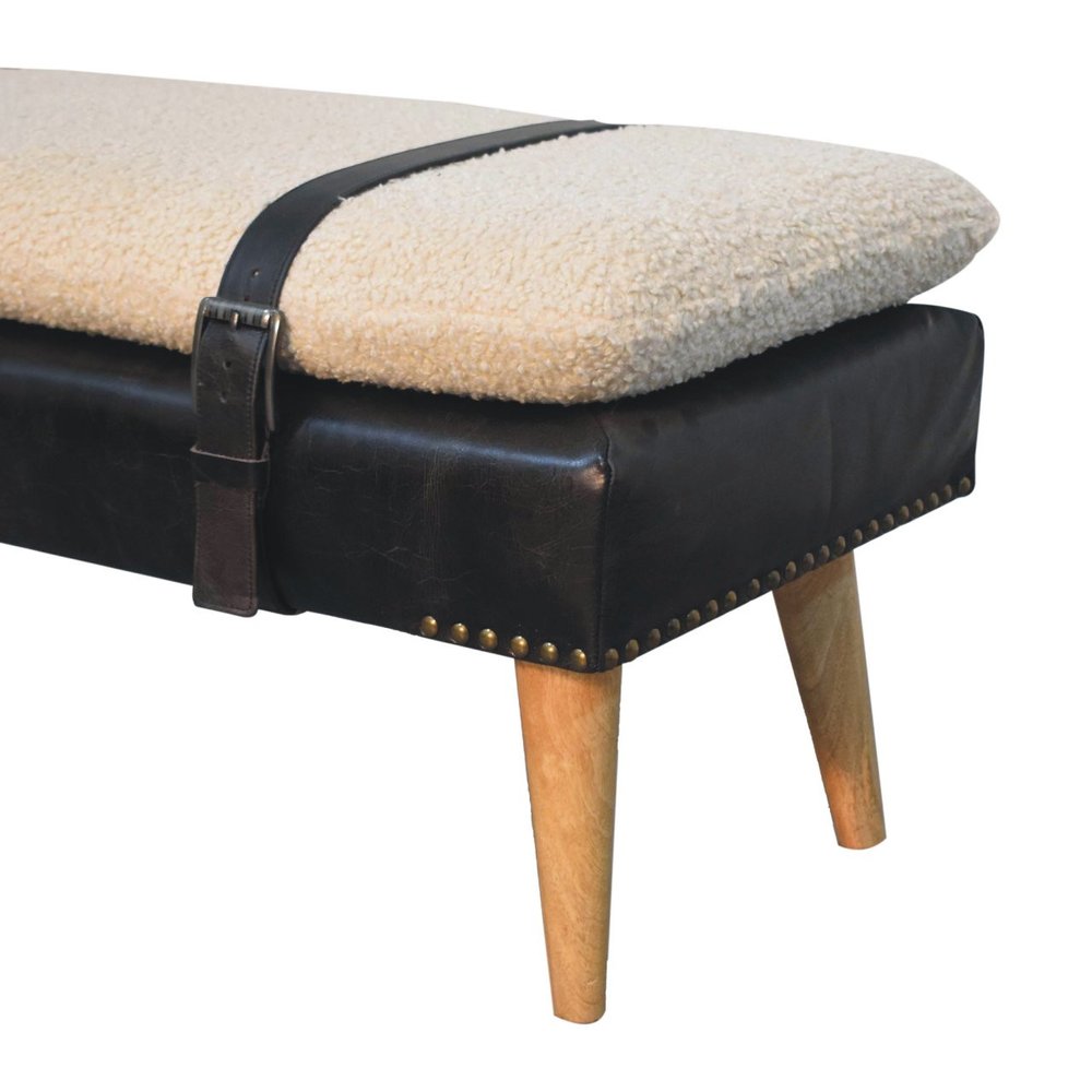 35" Beige Olive Green And Brown Boucle Genuine Leather And Solid Wood Upholstered Bench