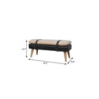35" Beige Olive Green And Brown Boucle Genuine Leather And Solid Wood Upholstered Bench