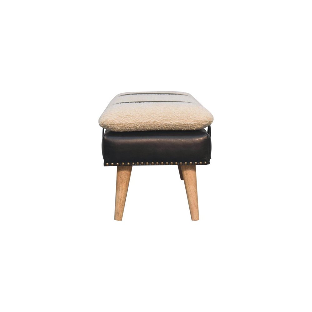 35" Beige Olive Green And Brown Boucle Genuine Leather And Solid Wood Upholstered Bench