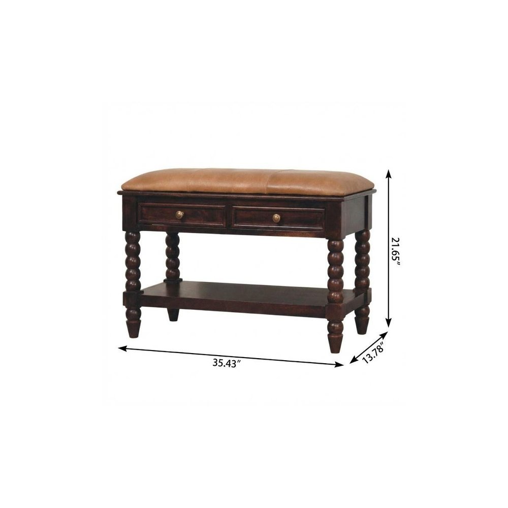 35" Tan and Dark Brown Genuine Leather and Solid Wood Upholstered Storage Bench With Drawers And Shelves