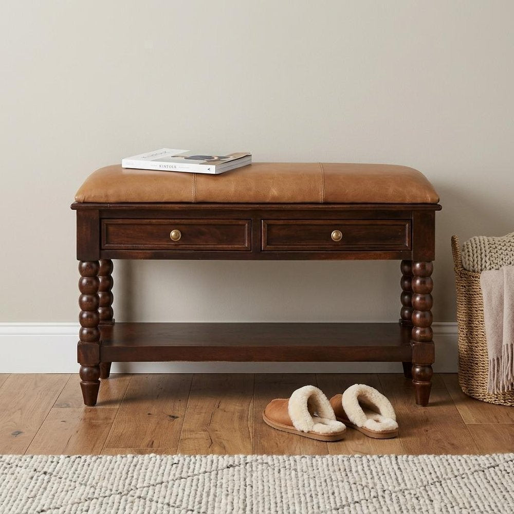 35" Tan and Dark Brown Genuine Leather and Solid Wood Upholstered Storage Bench With Drawers And Shelves