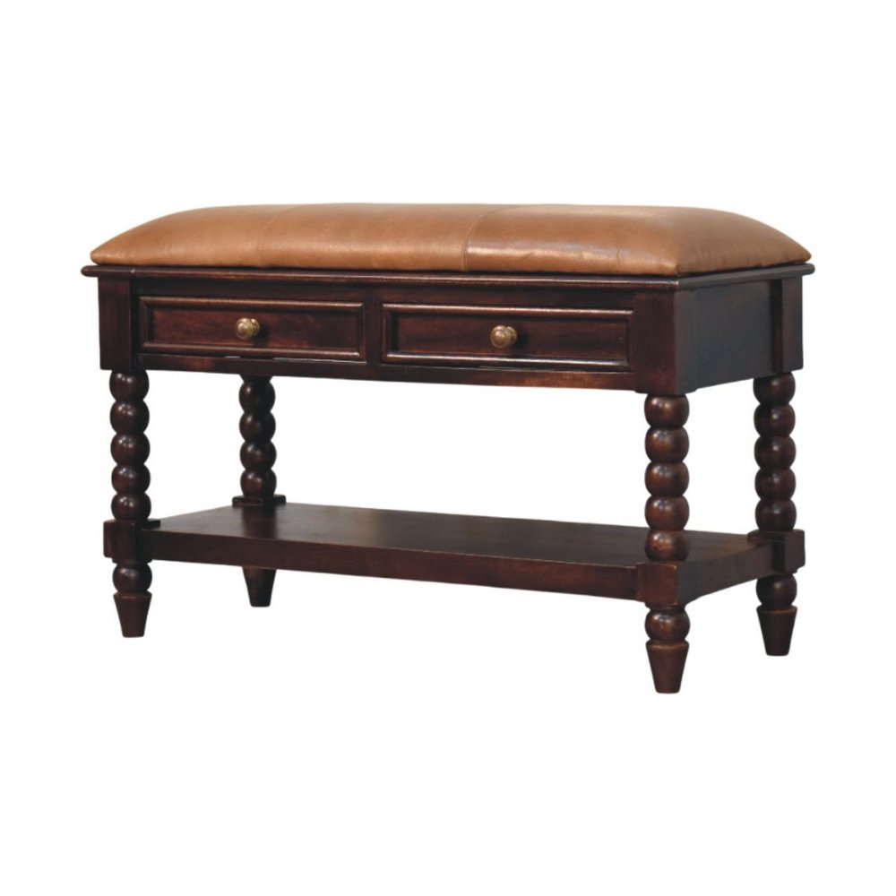 35" Tan And Dark Brown Genuine Leather And Solid Wood Upholstered Storage Bench With Drawers And Shelves