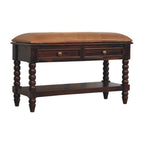 35" Tan and Dark Brown Genuine Leather and Solid Wood Upholstered Storage Bench With Drawers And Shelves