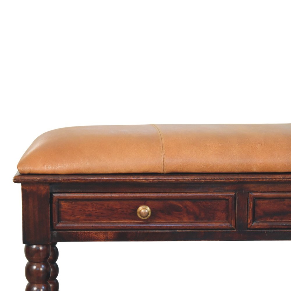 35" Tan and Dark Brown Genuine Leather and Solid Wood Upholstered Storage Bench With Drawers And Shelves