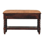 35" Tan and Dark Brown Genuine Leather and Solid Wood Upholstered Storage Bench With Drawers And Shelves