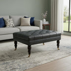35" Teal Blue Brass And Brown Rolling Leather Tufted Ottoman
