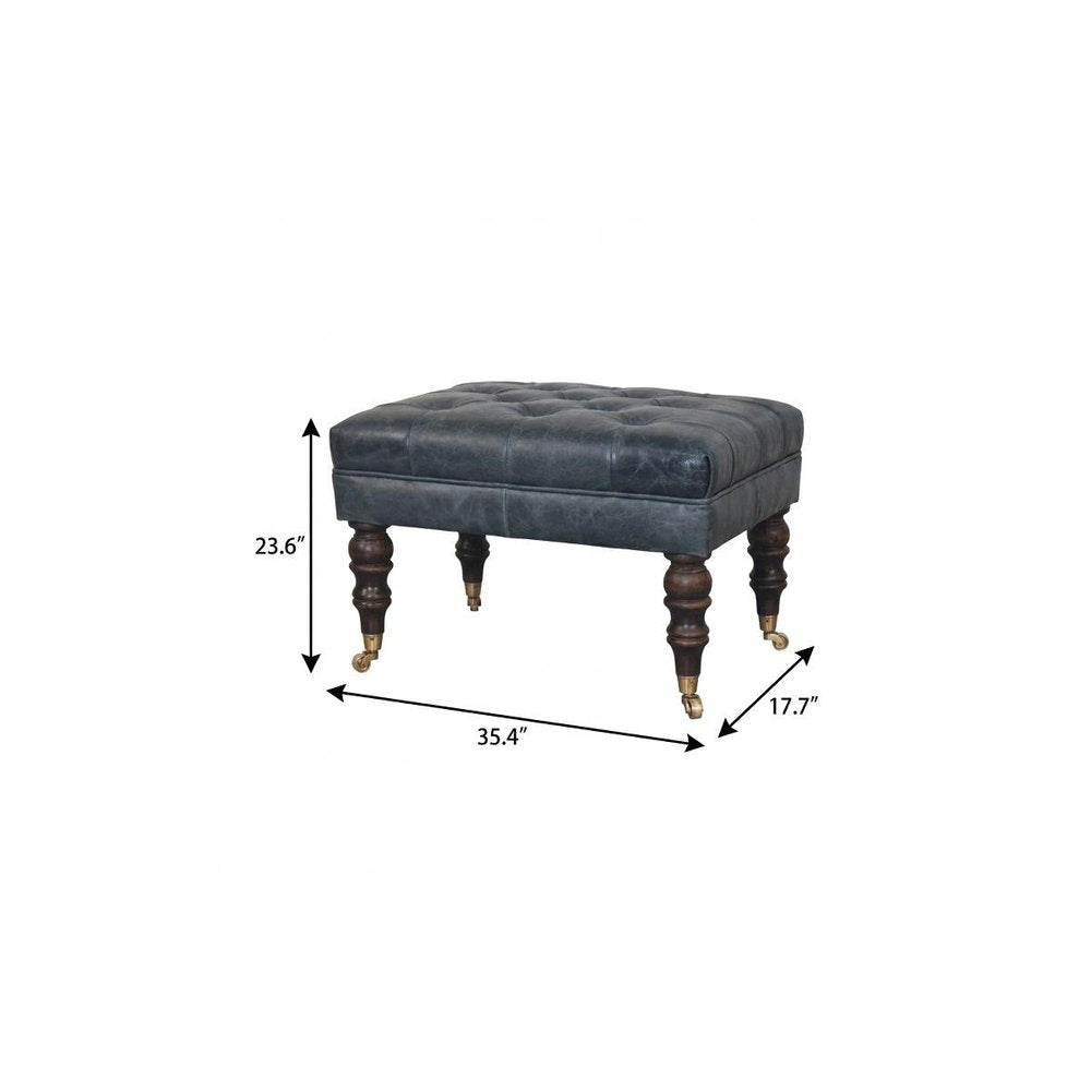 35" Teal Blue Brass And Brown Rolling Leather Tufted Ottoman