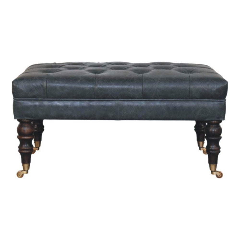 35" Teal Blue Brass And Brown Rolling Leather Tufted Ottoman