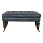 35" Teal Blue Brass And Brown Rolling Leather Tufted Ottoman
