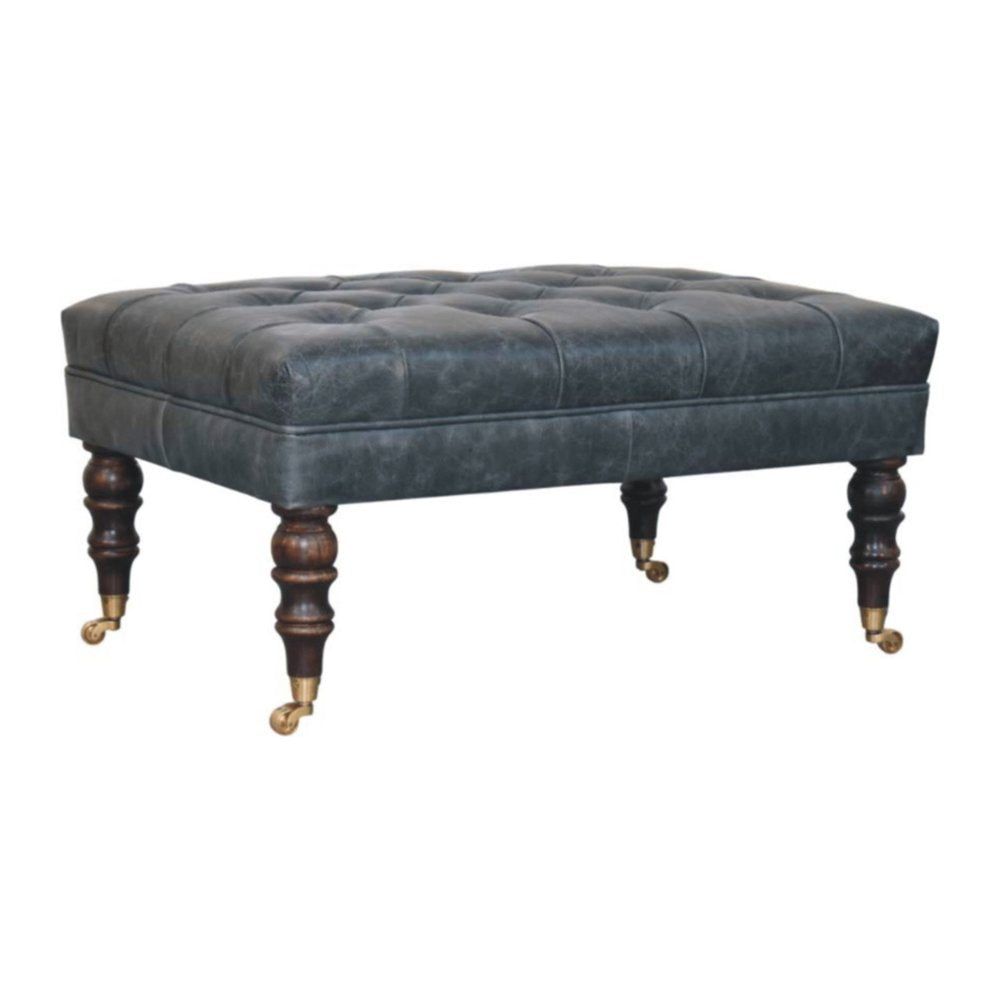35" Teal Blue Brass And Brown Rolling Leather Tufted Ottoman