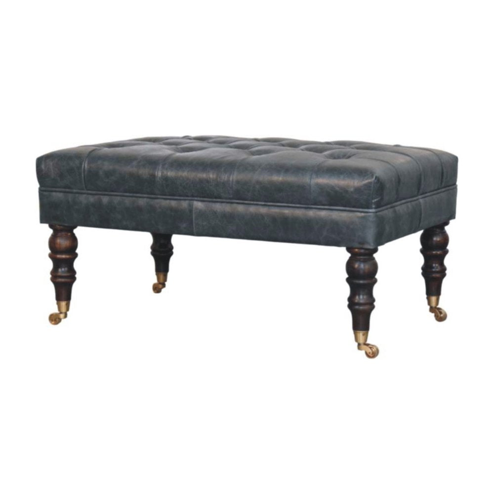 35" Teal Blue Brass And Brown Rolling Leather Tufted Ottoman