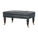 35" Teal Blue Brass And Brown Rolling Leather Tufted Ottoman