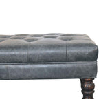 35" Teal Blue Brass And Brown Rolling Leather Tufted Ottoman