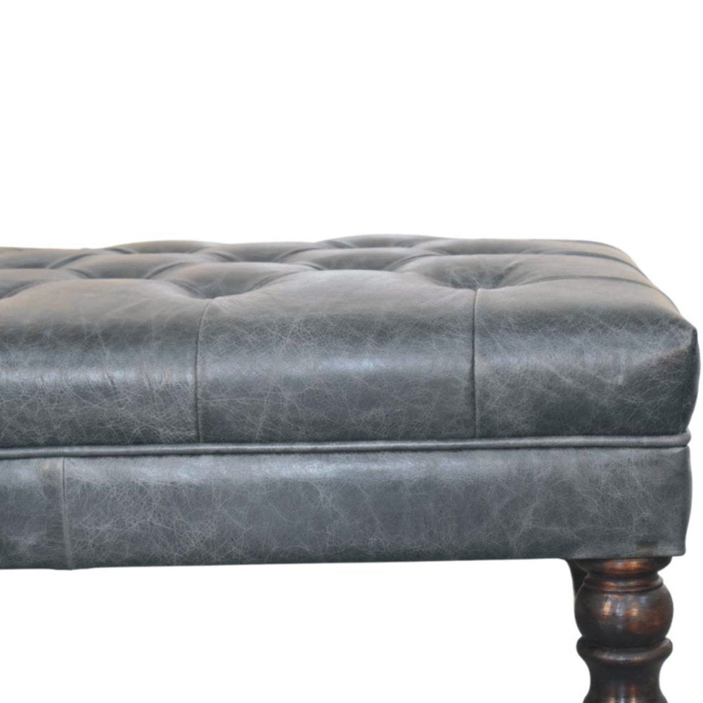 35" Teal Blue Brass And Brown Rolling Leather Tufted Ottoman