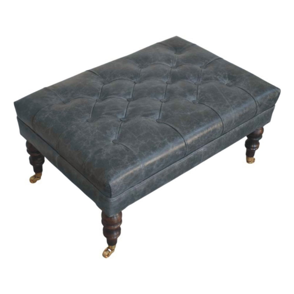 35" Teal Blue Brass And Brown Rolling Leather Tufted Ottoman