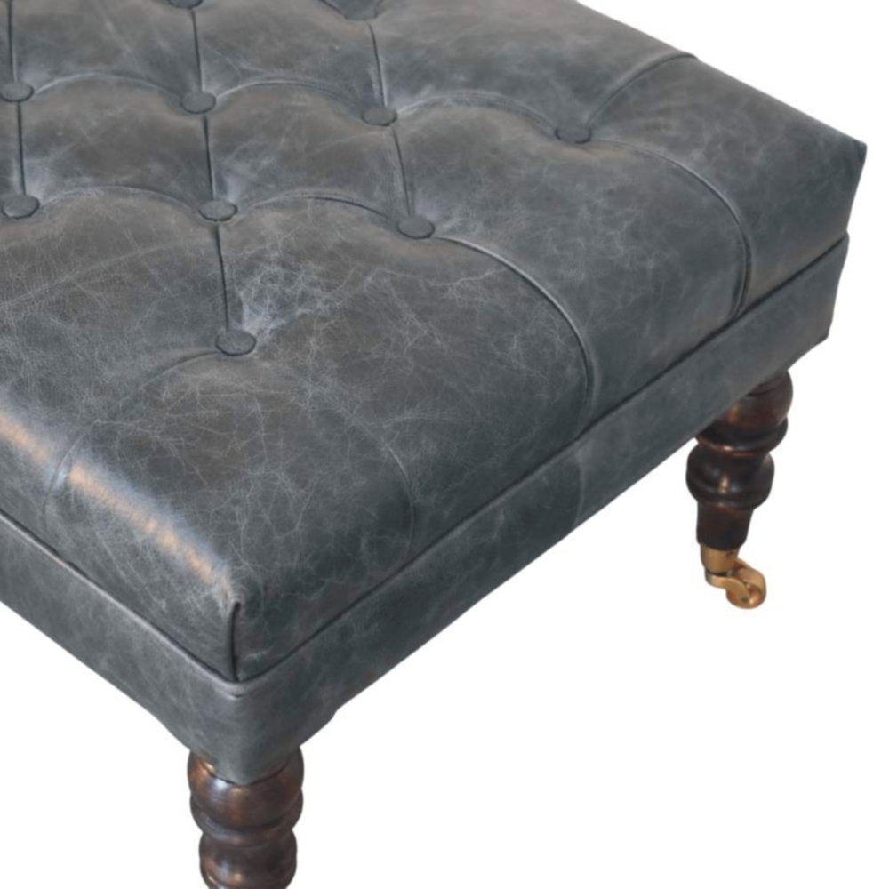 35" Teal Blue Brass And Brown Rolling Leather Tufted Ottoman