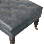 35" Teal Blue Brass And Brown Rolling Leather Tufted Ottoman