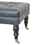 35" Teal Blue Brass And Brown Rolling Leather Tufted Ottoman