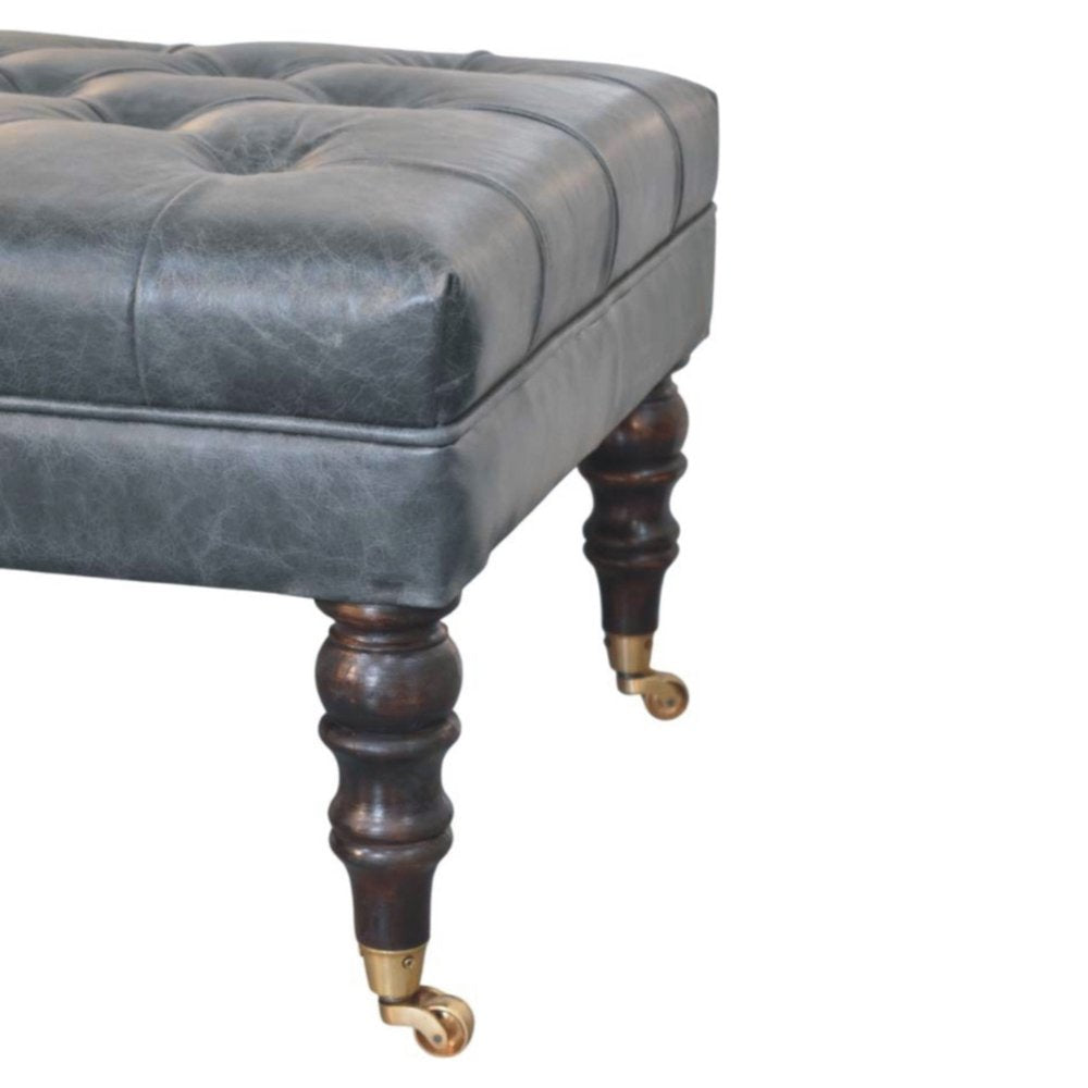 35" Teal Blue Brass And Brown Rolling Leather Tufted Ottoman