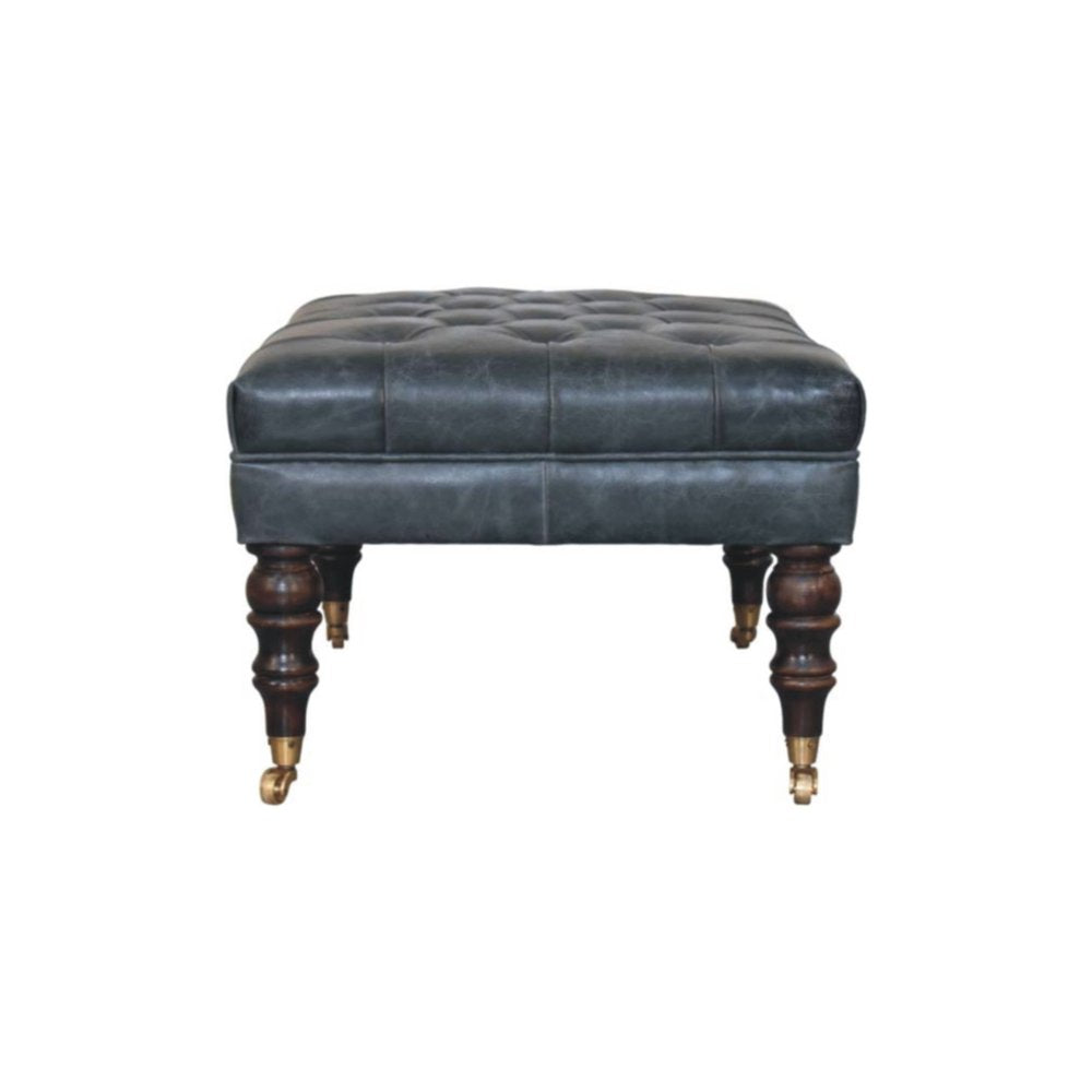 35" Teal Blue Brass And Brown Rolling Leather Tufted Ottoman