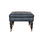 35" Teal Blue Brass And Brown Rolling Leather Tufted Ottoman