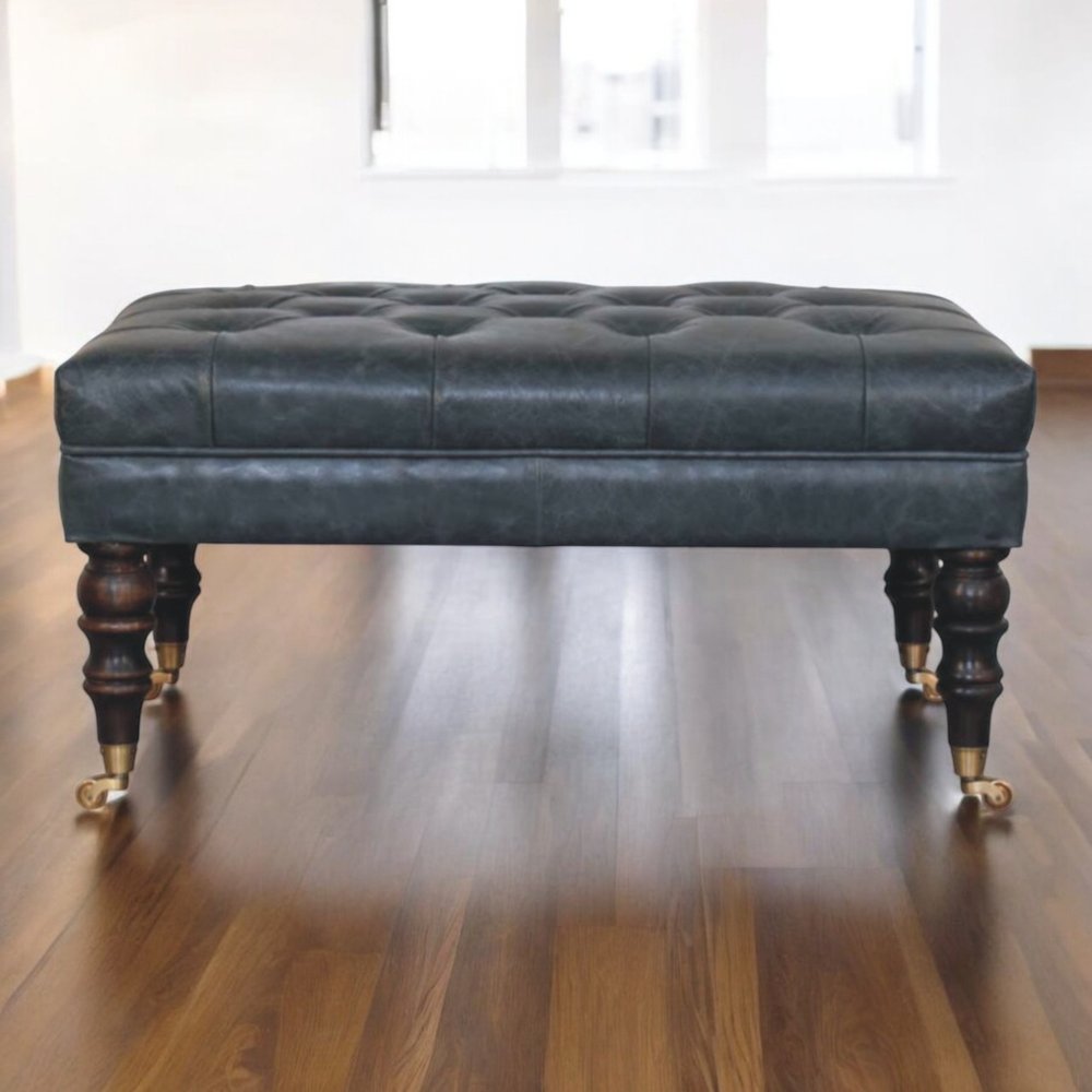 35" Teal Blue Brass And Brown Rolling Leather Tufted Ottoman
