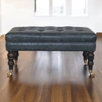 35" Teal Blue Brass And Brown Rolling Leather Tufted Ottoman
