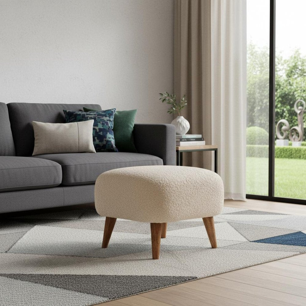 16" Cream And Brown Boucle Footstool